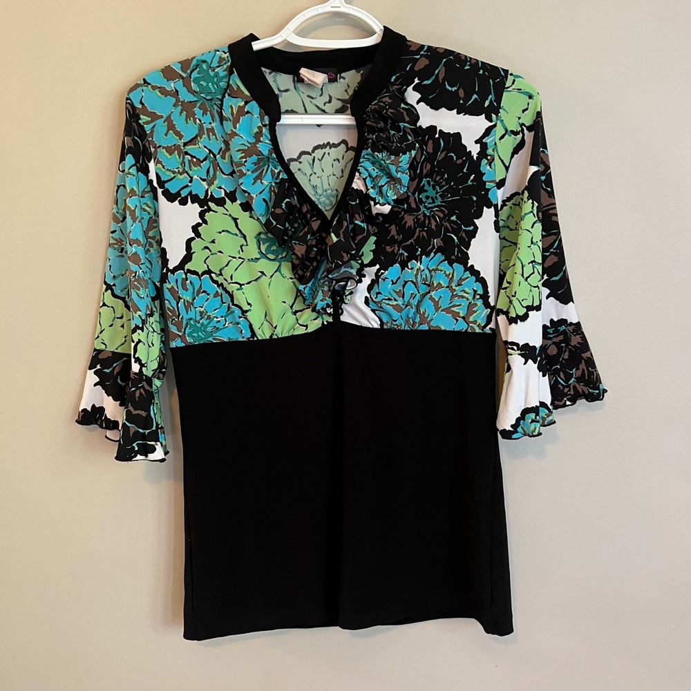 Y2K Floral Ruffle Neck Empire Waist Babydoll Top Turquoise Green Black S Retro